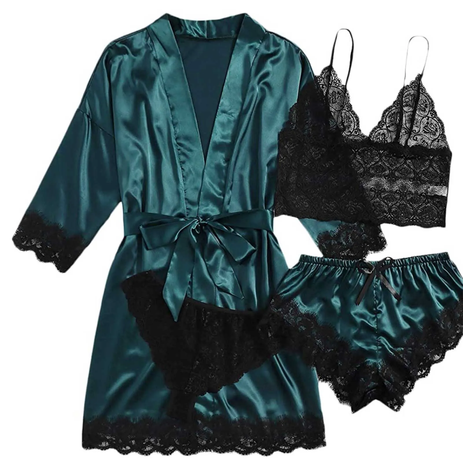 ZFSOCK Robes for Women Satin Silk Pajamas Set 4pcs Lace Trim Cami Sexy Lingerie Sleepwear Underwear